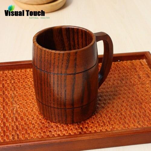 Visual Touch Handmade Solid Wood Beer Mug W/Handle Brown Water Stein Wooden Cups 350ml Creative Bar Decor