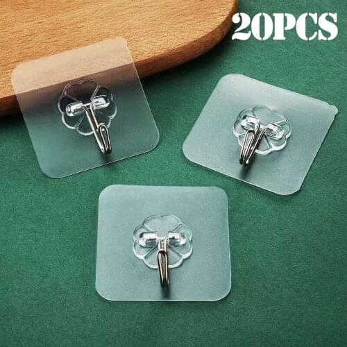 20Pcs Transparent Wall Hooks Waterproof Oilproof Self Adhesive Hooks Reusable Seamless Hanging Hook For Kitchen Bathroom Office