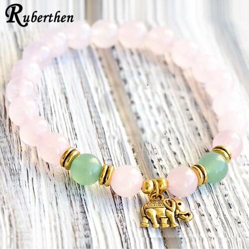 Ruberthen Elephant Charm Bracelet For Women 8mm Rose Quart z Bracelet Handamde Heart Chakra Yoga Mala Beads Braceelt