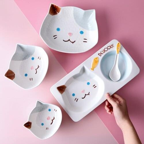 Breakfast plate lovely cat clean separator tableware bowl plate spoon combination Childrens cartoon ceramic dinnerware