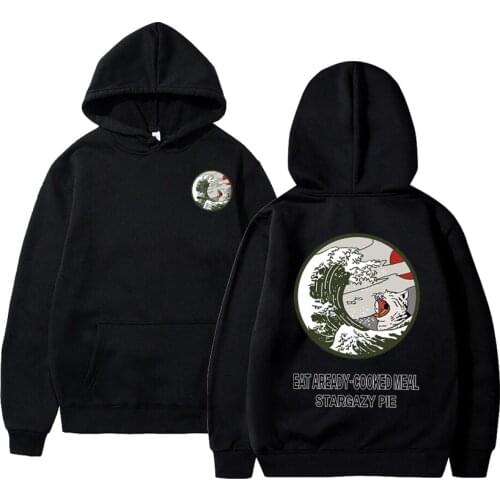 Autumn Japanese Print Mens Hoodies Hooded Streetwear Funny Cat Wave Velvet Hoody Men 2021 Winter Casual Unisex Black Sweatshirt