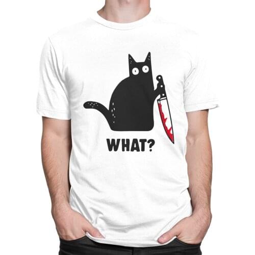 Streetwear Mens Funny Halloween Cat What Tshirt Short Sleeved Cotton Murderous Cat With Knife T-shirt Casual Tee Shirts Apparel