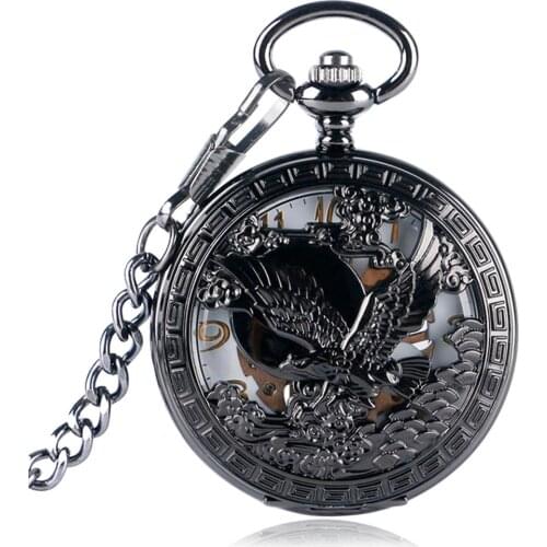 10pcs/lot Steampunk Black Hollowed Eagle MechanicalPocket Watch Pendant Retro Skeleton Open Face Pocket Watch