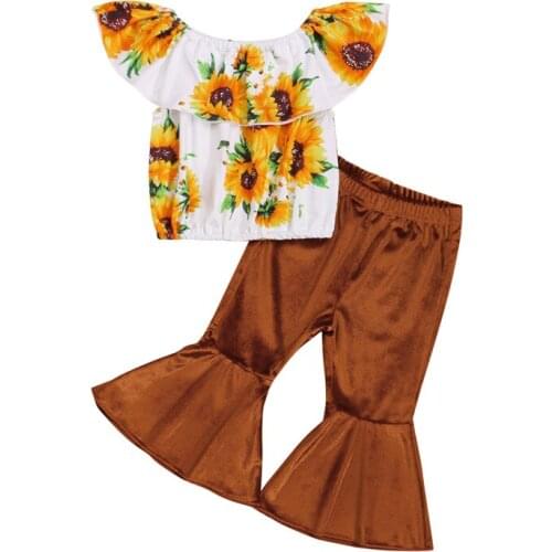 Pudcoco 6M-4Y 2Pcs Sleeveless Baby Girls Sunflower Print Off-the-Shoulder O-Neck Blouse Tops+Flare Pants Trousers Outfit Sets