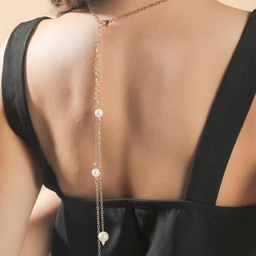 Bohemian Fashion Ladies White Pearl Transparent Crystal Beads Pendants Gold Color Metal Long Chain Back Necklaces For Women Gift