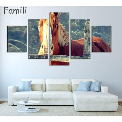 Large Wall Pictures For Living Room Decoration 5 Pieces Modern Canvas Paintings White Horse Animal Oil Painting Printed No Frame