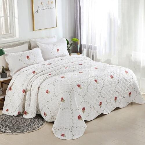 CHAUSUB White Bedspreads Cotton Quilt Set 3PCS Jacquard Quilts Flowers Bed cover Pillowcase Quilted Coverlet King Queen Size