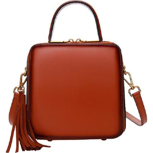 Quenya 2020 New 100% Genuine Leather Handbag for Women Bag Cowhide Rivet Ladies Shoulder Bag Vintage Tassel Square Corssbody Bag