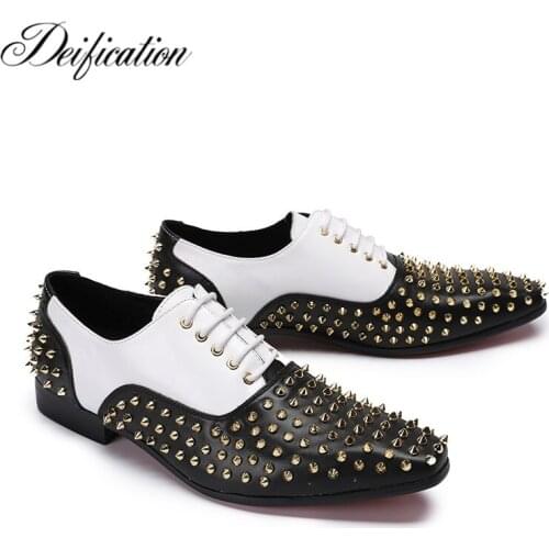 Deification Rivert Studded Formal Mens Shoes Pointed Toe Patchwork Designer Shoes Lace Up Mens Party Wedding Shoes Plus Size 47