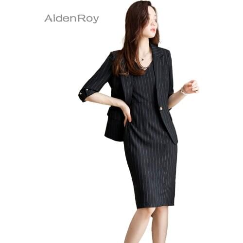 2021SS Elegant V-Neck Striped Dress Suit With Jacket Female Office Wear Work for Ladies Business Casual Clothes Plus Size S-4XL