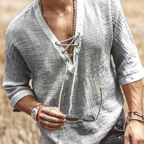 Mens Mid-sleeve Shirt Chest Tie T-shirt Shirt Fashion Shirt Sexy Mens Solids Loose Color V2H6