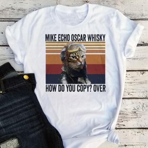 Pilot Cat Fashion T Shirt 2021 Fashion Clothing Whiskey Cartoon Graphic Tees Women Summer Plus Size Woman Tshirts Kawaii L