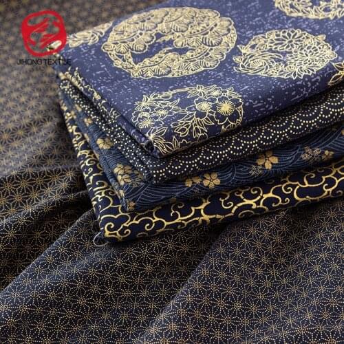 Navy Blue Japanese Style Bronzing Printed Cotton Fabric For Handmade Sewing Table Runner 1 Piece 50*145cm TJ1023