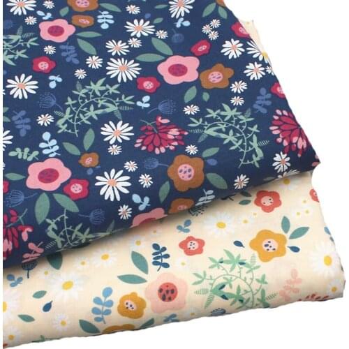 Graceful Beige Navy Blue Blooming Colorful Flowers 100% Cotton Poplin Fabric 50x140cm Floral Fabric patchwork for quilting beddi