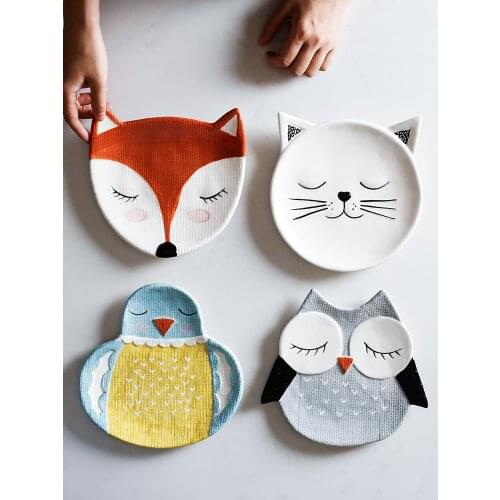 Lovely cartoon ceramic plate, underglaze color household dish breakfast plate, flat steak plate