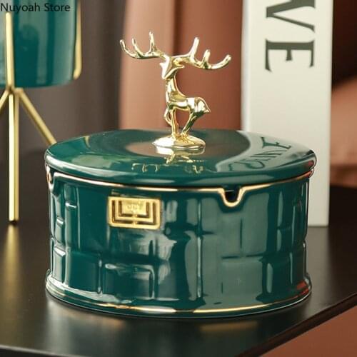 Round Ceramic Ashtray Golden Elk Cover Anti-flying Ash Gold Edge Ashtray Light Luxury Storage Box Home Decoration Accessories