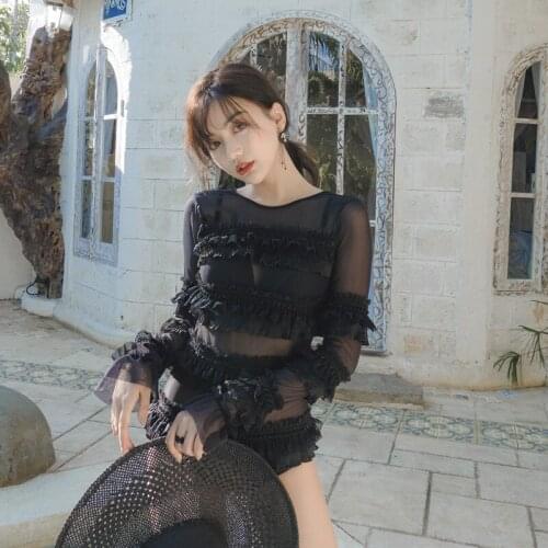 Swimsuit For Girls Fused Small Breasts Swimwear Women Separate Tankini Korea New Lace Long Sleeve Split Fairy Fan Girl Solid