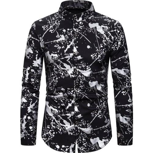 Mens Splash Ink Print Dress Shirts 2020 Fashion Stand Collar Long Sleeve Shirt Men Wedding Party Club Prom Shirt Male Chemise