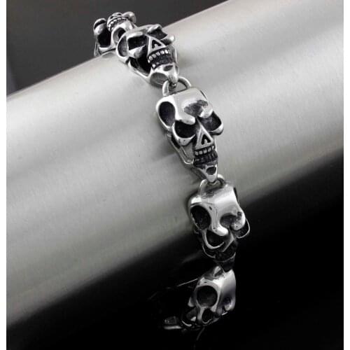 Mens Charm Stainless Steel Skull Head Link Chain Bracelet Rock Gothic Jewelry