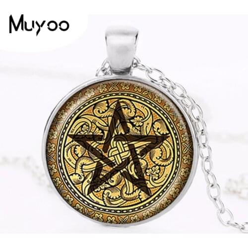 Golden Pentagram Necklace Cabochon Pentacle Pendant Ace of Pentacles Tarot Card Jewelry Wiccan Accessories Occult Jewellery HZ1