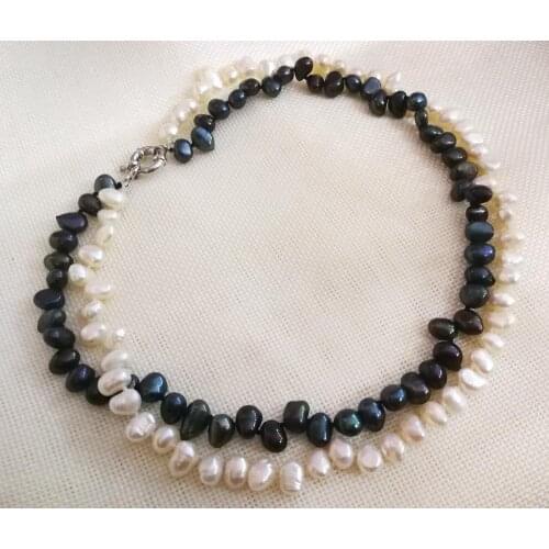 2 rows 10mm black colors white flat baroque pearl necklace real Natural freshwater pearl Women Jewelry 43cm 40cm 17