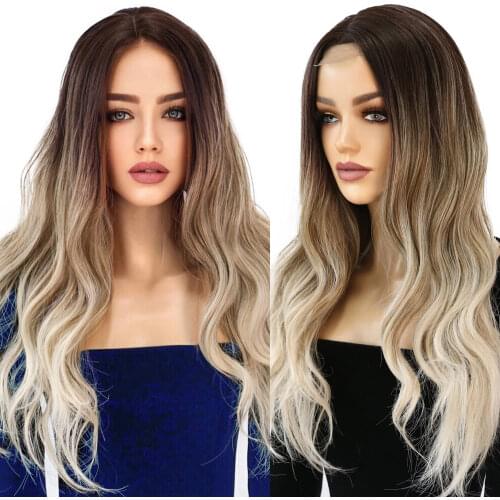 ORIANE Long Body Wave Wigs Ombre Black Brown Blonde Synthetic Lace Wigs Cosplay Middle Part Natural Heat Resistant Wig for Women
