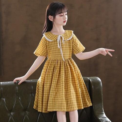 Girls' Dress Plaid College Style Lapel Lace Up Decoration Korean Knee Length Fashion Casual Dress 2021 Summer New Childrens