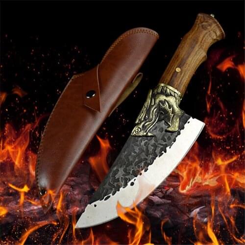 Hand forged by chef Tang, sliced kitchen knife, high carbon steel outdoor knife, butchers camping knife + Leather Case Cover