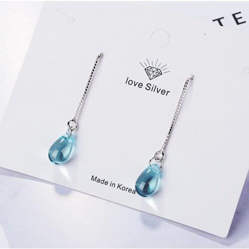 925 Sterling Silver Simple Water Drop Shaped Blue Crystal Long Tassel Earrings Ear Line Dangle Earrings S-E665