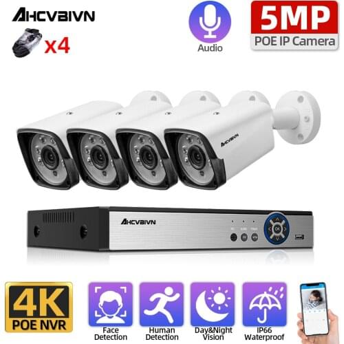 5MP H.265 Poe Camera Security System NVR 4CH Outdoor Waterproof Face Detection CCTV IP Camera Video Surveillance System Kit 4K