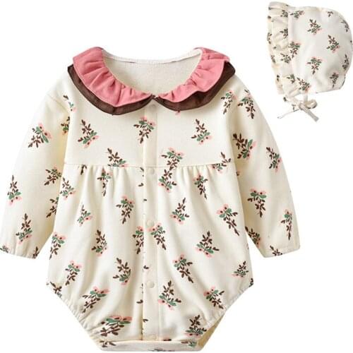 The spring and autumn period and the baby fart garment fully open button long triangle climb clothes hat brim out clothes