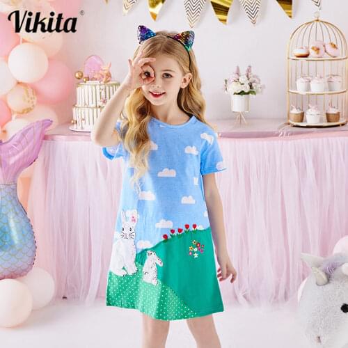VIKITA Girls Summer Dress Cotton Animal Appliqued Vestidos Toddlers Kids Short Sleeve Cartoon Dresses Girls Casual Clothes