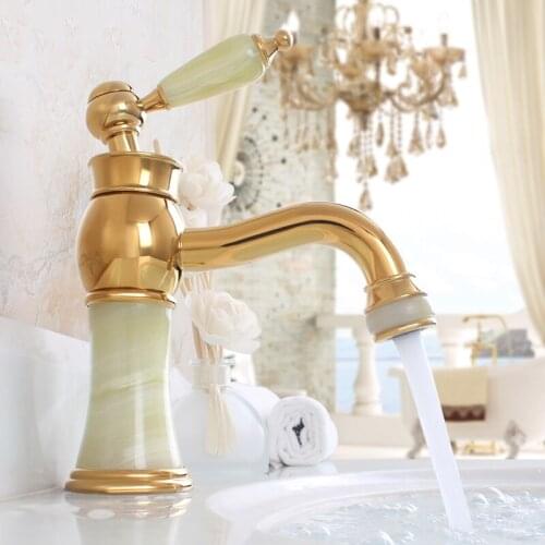 High quality Bathroom luxury Gold Brass Jade Hot and cold Water tap golden European Basin Faucet Sink Mixer Tap Faucet-8417