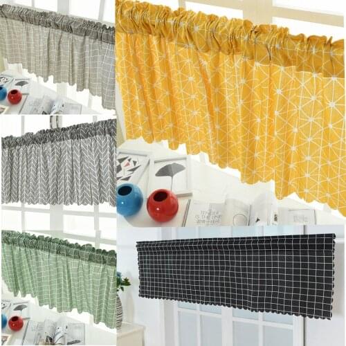 Valance Grid Stripe Style Blackout Window Curtain Valances Short Semi-Sheer Curtains Rod Pocket Window Drapes for Kitchen