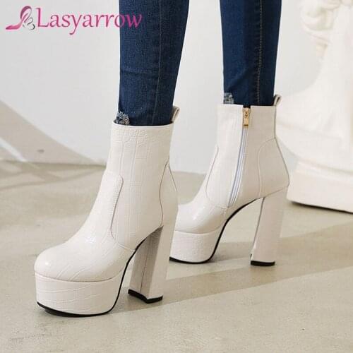 Lasyarrow Fashion Women Ankle Boots Block Super High Heel 13CM Platform Party Office Lady Winter Shoes 2021 Plus Size 34-43 Blue