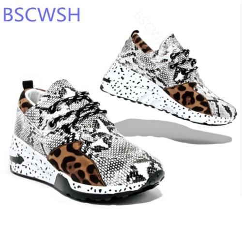 2021 New Women Casual Shoes Breathable Ladies Sneakers Leopard Print Pu Comfortable Sneakers Lace-up Platform Sports Shoes Women