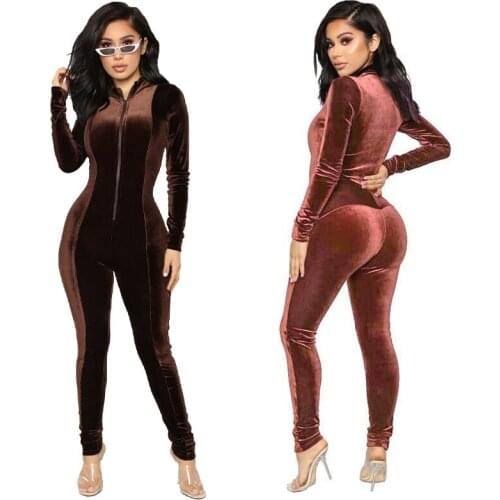 Long Sleeve Velvet Jumpsuit Women Autumn Winter Zipper Front Body Full Length Overalls Elegant Bodycon Rompers Womens Jumpsuit