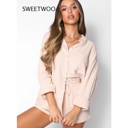2021 Summer Casual Suit Womens Single-Breasted Solid Color Cardigan Loose Top High Waist Shorts Two-Piece Suit