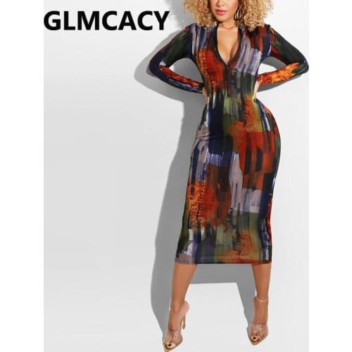 Women Long Sleeve Zipper V Neck Dress Abstract Elegant Pencil Dresses