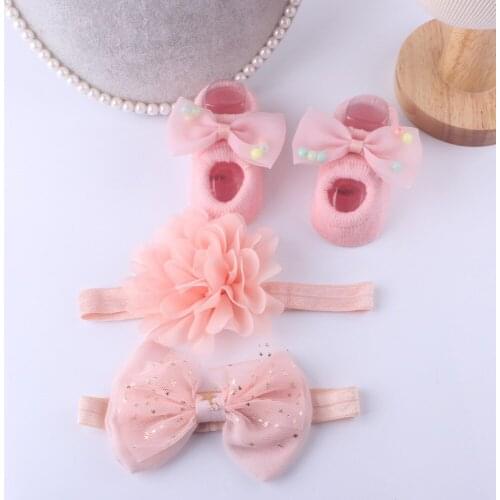 New 3Pcs Set Baby Headwear Accessories + Socks Kids Newborn Baby Cartoon Socks Anti-slip Sock Bowknots Floor Slipper Socks