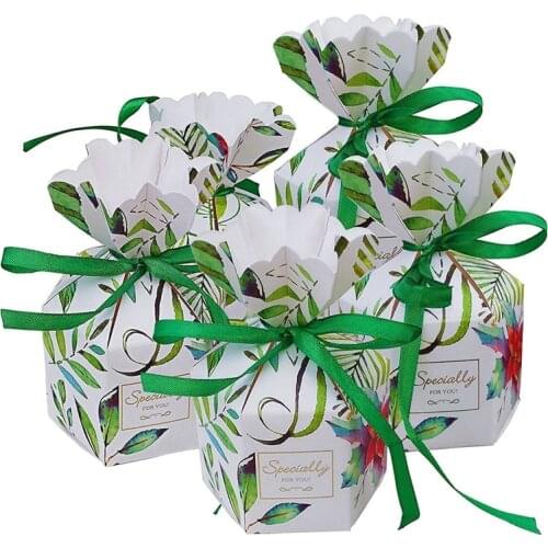 50 Pcs Leaf Pattern Vase-Shaped Candy Boxes Wedding Birthday Party Favor with Green Ribbon Decoration (Green Leaves)