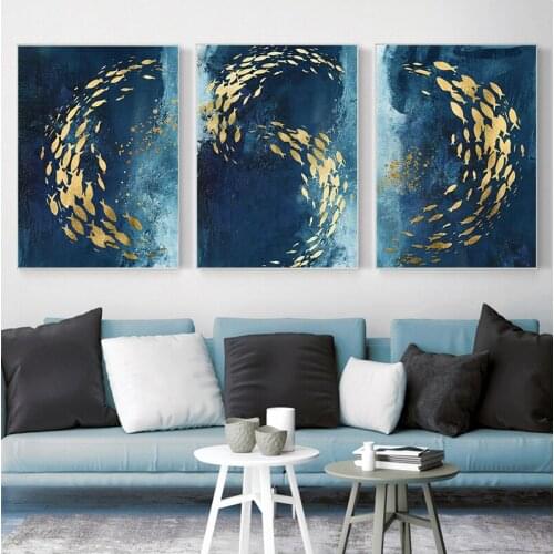 Golden Fish Abstract Wall Poster Style Canvas Print Painting Contemporary Art Living Room Entrance Decoration Picture