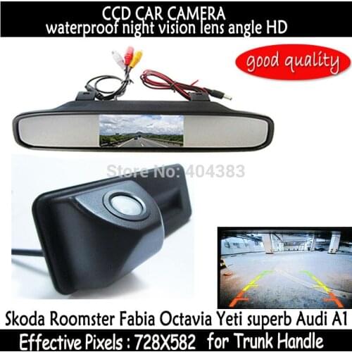 Rear view Car Mirror Monitor + HD CCD car rear view Trunk handle Camera for Skoda Roomster Fabia Octavia Yeti superb for Audi A1