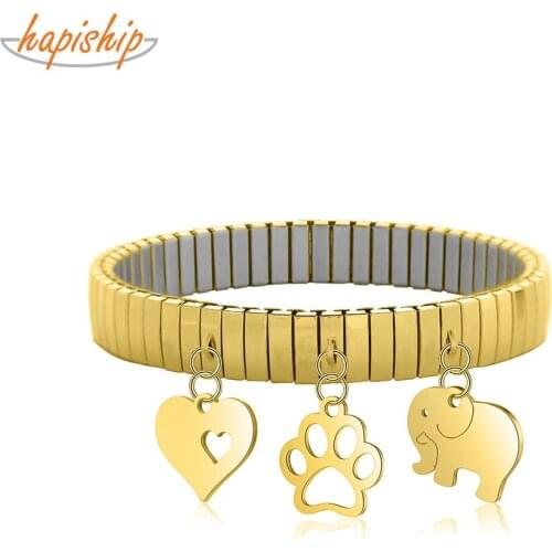 Hapiship Fashion Stainless Steel Gold Heart Elephant Claws Paw Pendant Elastic Bracelet for Women Men Jewelry Wholesale G161