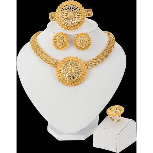 Double circle Gold Jewelry sets African Bridal Wedding Gifts for Women Necklace Bracelet earrings ring set collares Jewellery