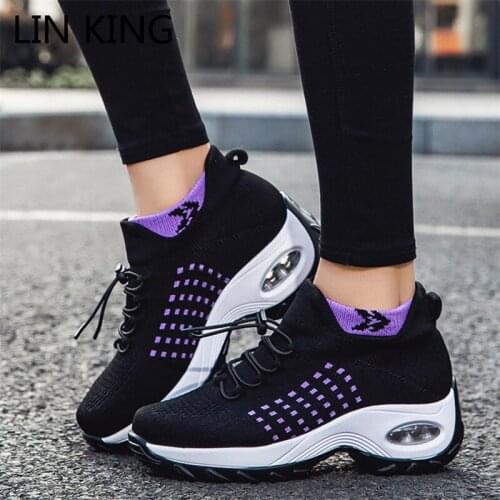 New Big Size Fashion Women Casual Gym Sport Slip on Socks Shoes Ladies Breathable Knit Walking Shoes Wedges Platform Sneakers