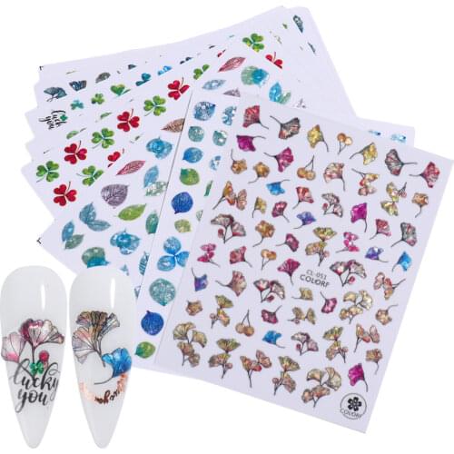 Laser 3D Nail Stickers Fan Leaf Dried Flower Shiny Sliders Nail Art Decorations Lucky Clover Fashion Foil Manicure LACL037-052