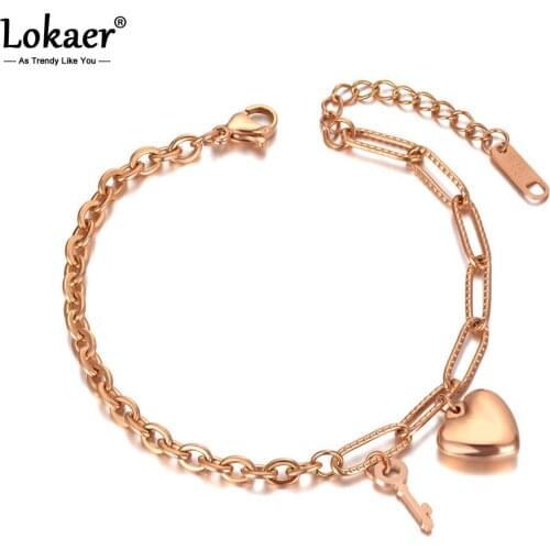 Lokaer Fashion Stainless Steel Key & Heart Charm Bracelets For Women Girl Bohemia Rose Gold Chain & Link Bracelet Jewelry B20067