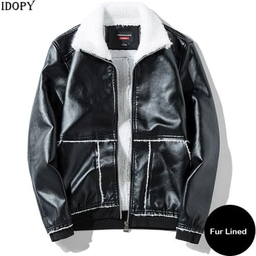 Idopy Men`s Faux Leather Jacket Winter Fleece Lined Warm Thermal Korean Style Fur Collar Outerwear Coat For Male