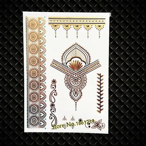 New New Indian Totem Gold Henna Metallic Temporary Tattoo Flash Fake Jewelry Sticker Women Sexy Body Art Arm Sleeve Tatoo GYH073